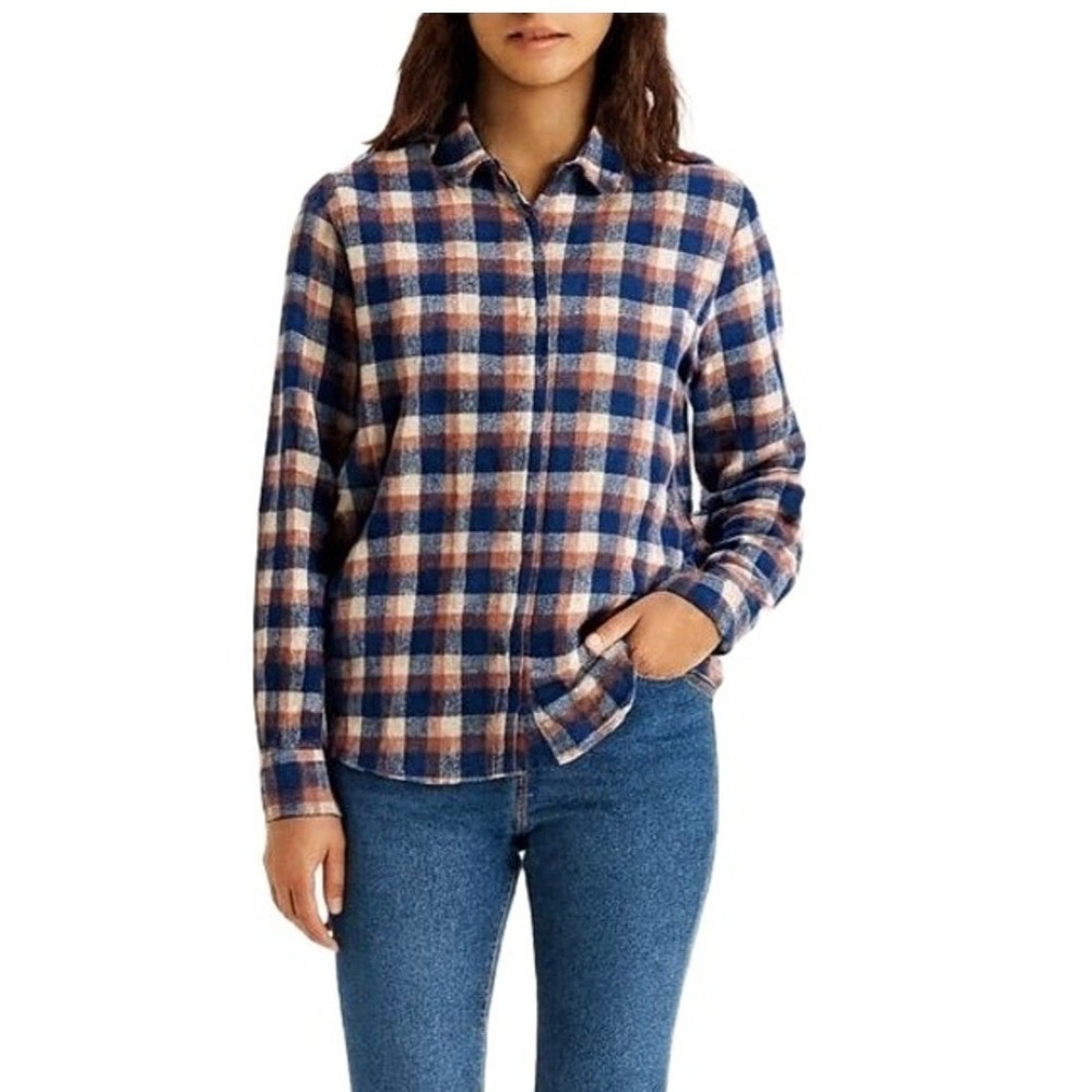 Madewell Plaid Flannel Button Down Shirt Women's Medium Blue Pink Cream‎